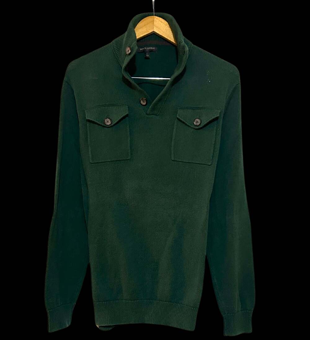 Banana Republic Forest Green Button-Neck Knit Sweater with Chest Pockets